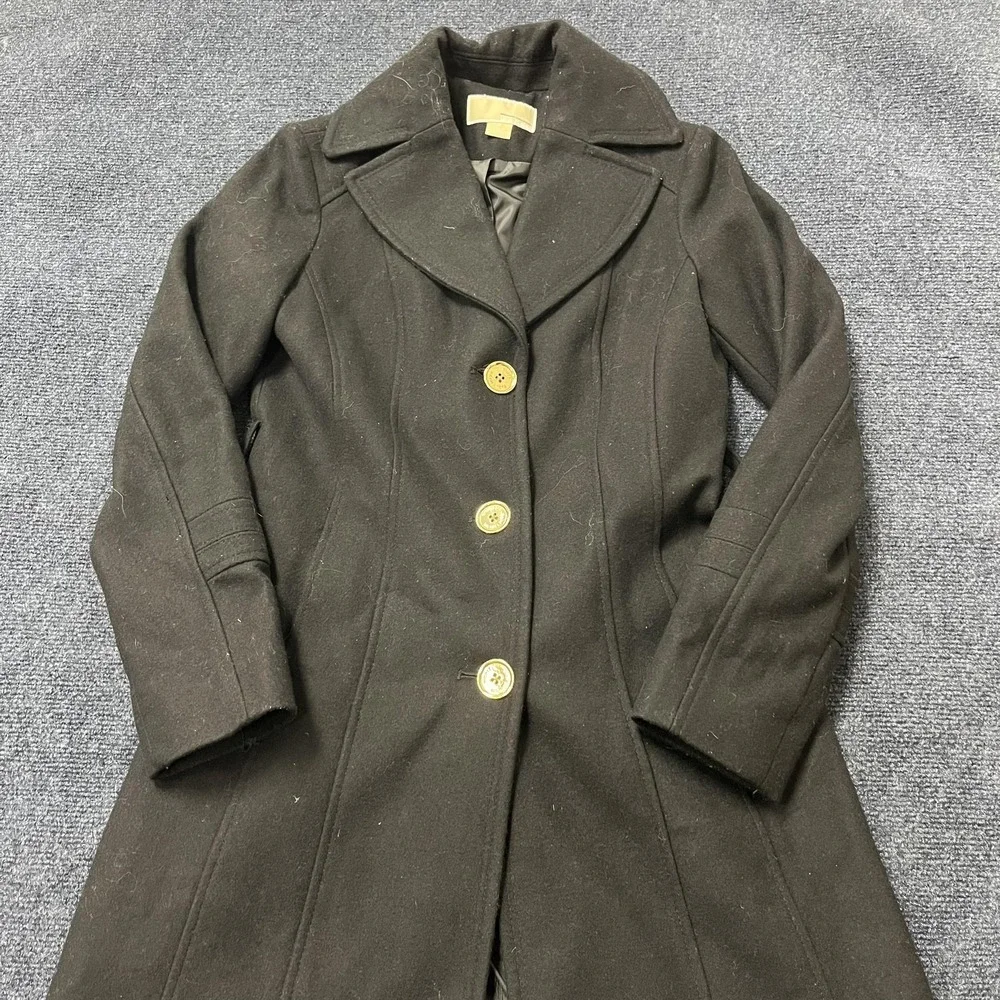 Michael Michael Kors Coat Womens 0 Black Wool‎ Blend Button Front Long Overcoat
